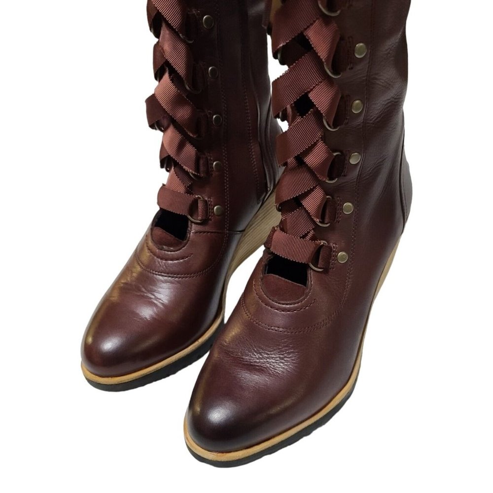 Elegant Burgundy/Brown Lace-Up Wedge Boots - Picture 8 of 12